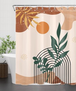 Mid Century Shower Curtain - Green Leaf Arched Abstract Sun Design for Bathroom