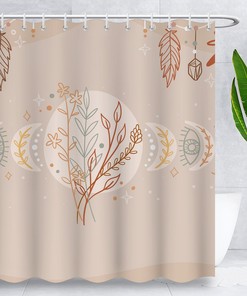 Mid Century Sunburst Boho Shower Curtain, Abstract Sun and Moon Design, Waterproof Fabric Bathroom Decor