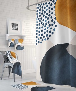 Mid Century Watercolor Boho Shower Curtain, Navy Rust Burnt Orange Cream Beige, Minimalist Modern Bathroom Decor