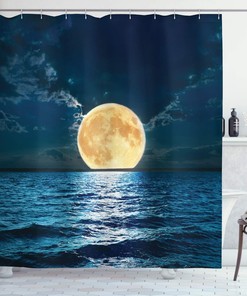 Midnight Yellow Navy Ocean Shower Curtain, Mystic Super Moon Over Ocean Surface, Bathroom Decor 