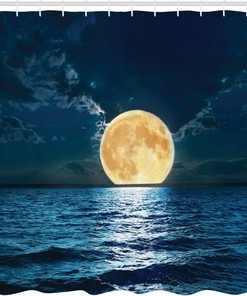 Midnight Yellow Navy Ocean Shower Curtain, Mystic Super Moon Over Ocean Surface, Bathroom Decor
