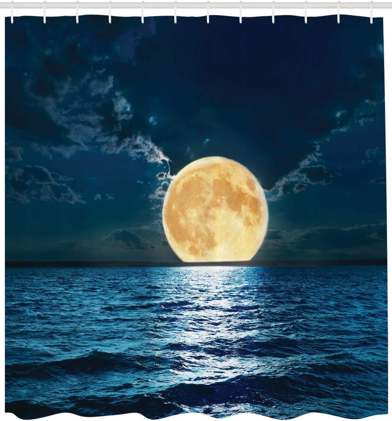 Midnight Yellow Navy Ocean Shower Curtain, Mystic Super Moon Over Ocean Surface, Bathroom Decor