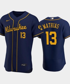 Milwaukee Brewers 13 Mark Mathias Alternate Team Navy Jersey