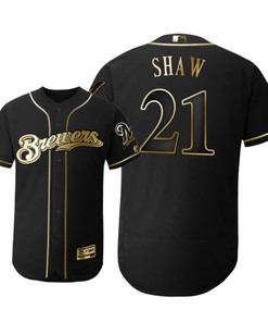 Milwaukee Brewers #21 Travis Shaw Mlb 2019 Golden Brandedition Black Jersey Gift For Brewers Fans