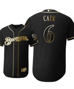 Milwaukee Brewers #6 Lorenzo Cain Mlb 2019 Golden Brandedition Black Jersey Gift For Brewers Fans