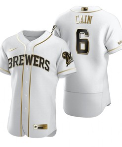 Milwaukee Brewers #6 Lorenzo Cain Mlb Golden Brandedition White Jersey Gift For Brewers Fans