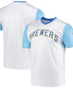 Milwaukee Brewers Stitches Cooperstown Collection Wordmark V-neck Jersey - White Mlb