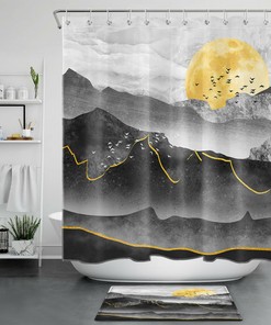 Minimalist Abstract Mountains Sun Shower Curtain for Modern Bathroom Decor