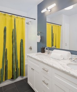 Minimalist Artistic Shower Curtain with Cactus Print for Boho Chic Bathroom Decor