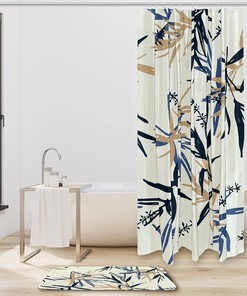 Minimalist Bamboo Leaves Shower Curtain, Blue and Beige Design