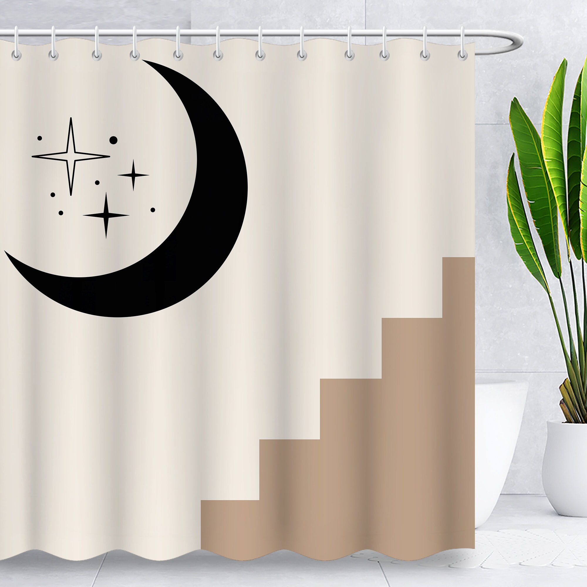 Minimalist Boho Arch Moon Shower Curtain with Abstract Art