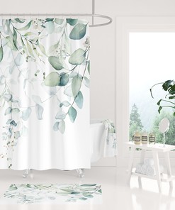 Minimalist Eucalyptus Green Floral Boho Shower Curtain with Towel Set