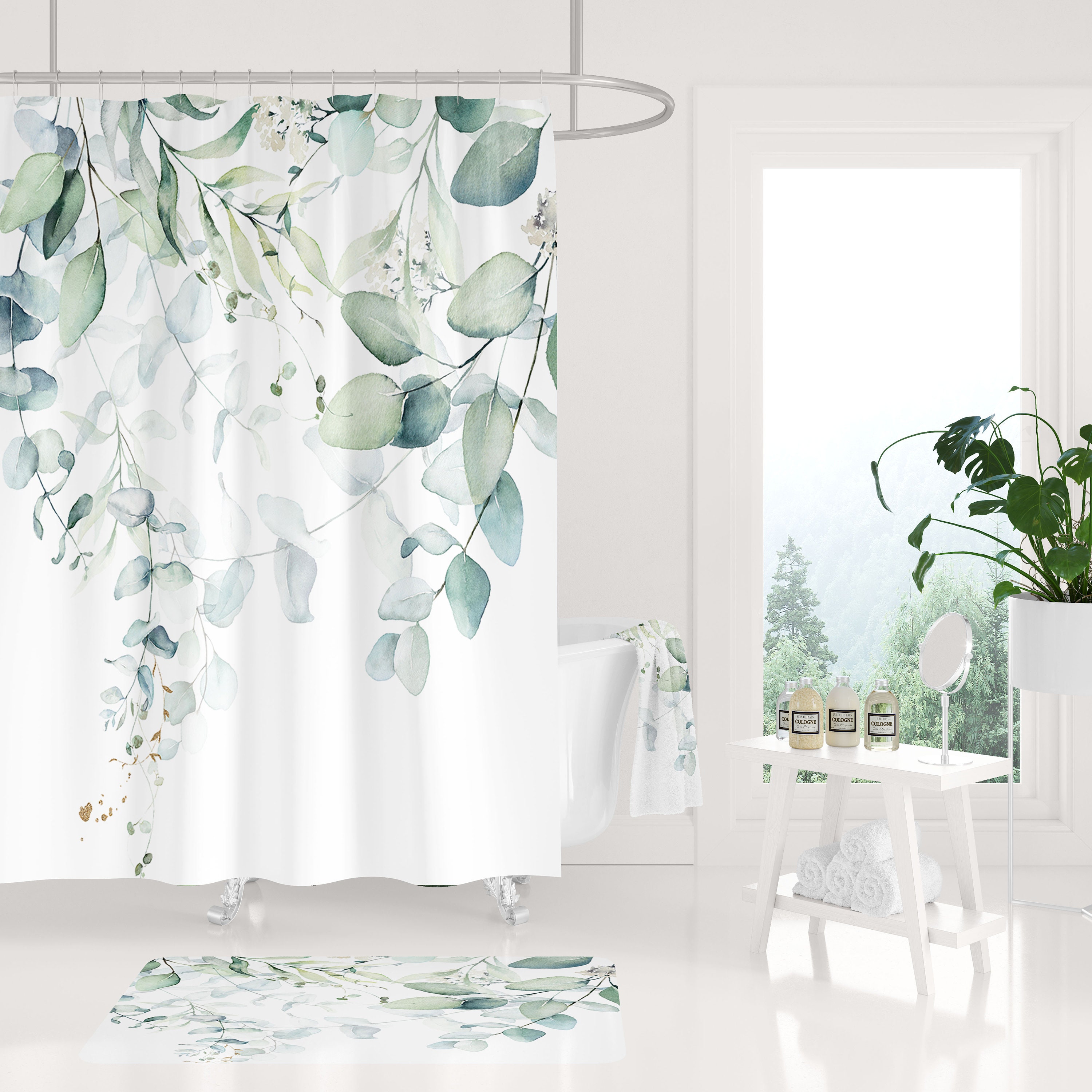 Minimalist Eucalyptus Green Floral Boho Shower Curtain with Towel Set