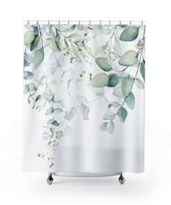 Minimalist Eucalyptus Green Floral Boho Shower Curtain with Towel Set