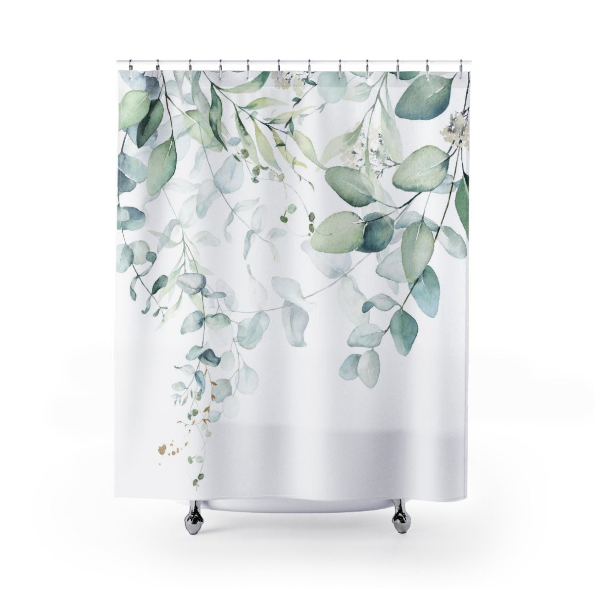 Minimalist Eucalyptus Green Floral Boho Shower Curtain with Towel Set