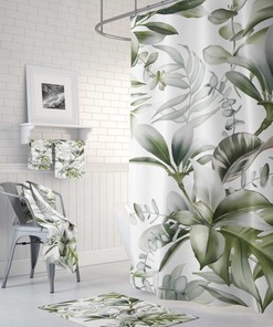 Minimalist Green Tropical Jungle Monstera Leaves Boho Shower Curtain Set
