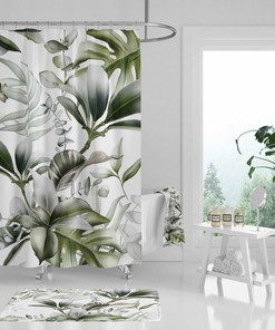 Minimalist Green Tropical Jungle Monstera Leaves Boho Shower Curtain Set