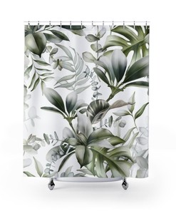 Minimalist Green Tropical Jungle Monstera Leaves Boho Shower Curtain Set