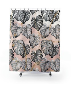 Minimalist Monstera Leaves Boho Shower Curtain - Grey Blush Ombre for a Chic Bathroom 