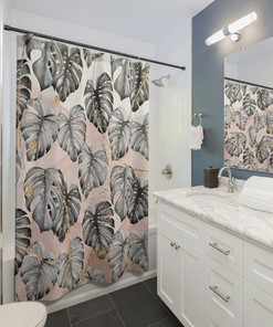 Minimalist Monstera Leaves Boho Shower Curtain - Grey Blush Ombre for a Chic Bathroom
