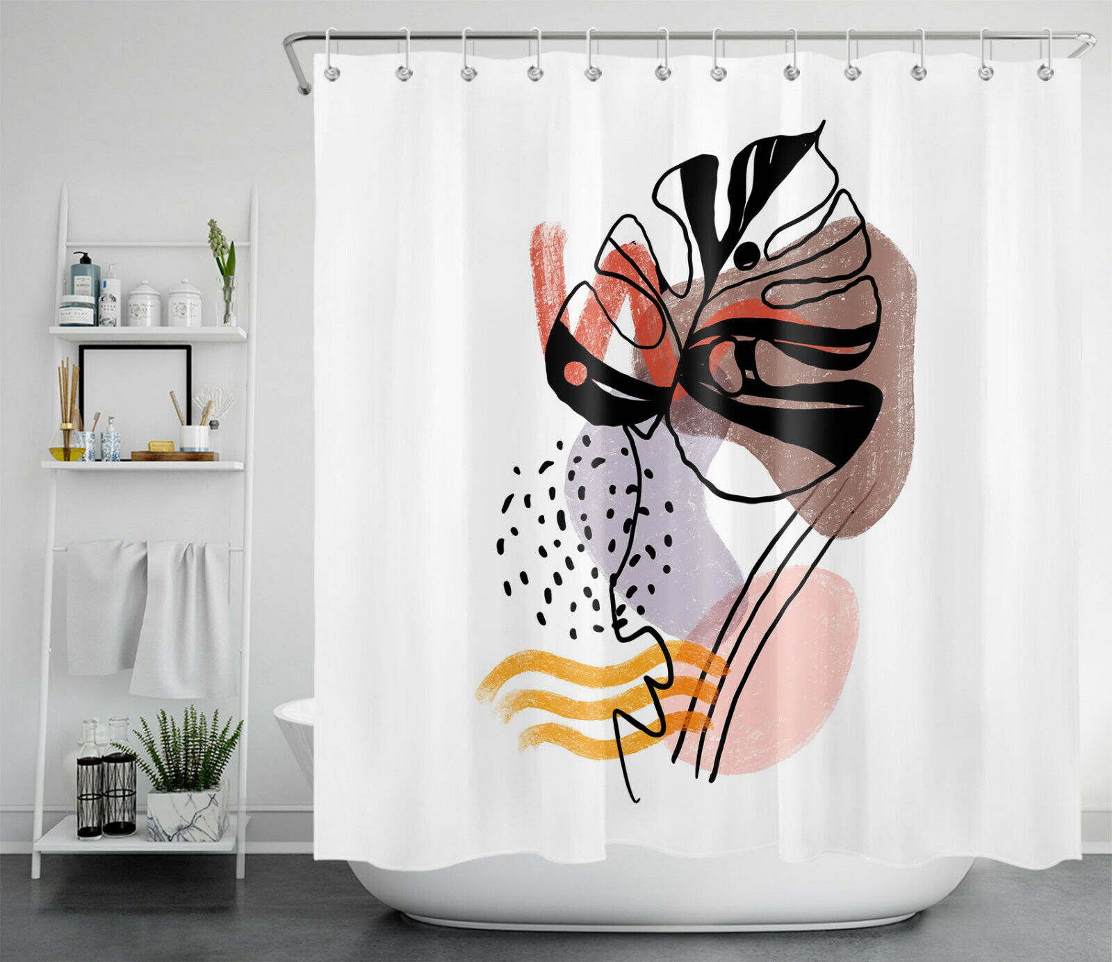 Minimalist Palm Leaf Black Lines Shower Curtain for Modern Bathroom