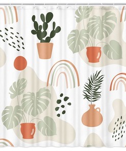 Minimalistic Boho Leaves and Cactus Fabric Shower Curtain with Waterproof Technology - Bathroom Decor