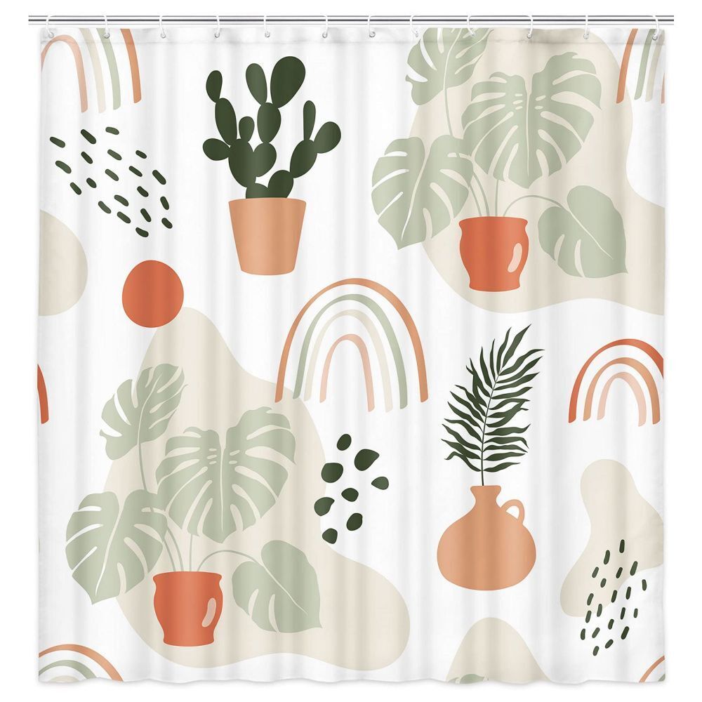 Minimalistic Boho Leaves and Cactus Fabric Shower Curtain with Waterproof Technology - Bathroom Decor