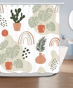 Minimalistic Boho Leaves and Cactus Fabric Shower Curtain with Waterproof Technology - Bathroom Decor