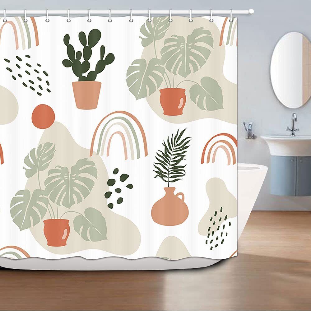 Minimalistic Boho Leaves and Cactus Fabric Shower Curtain with Waterproof Technology - Bathroom Decor