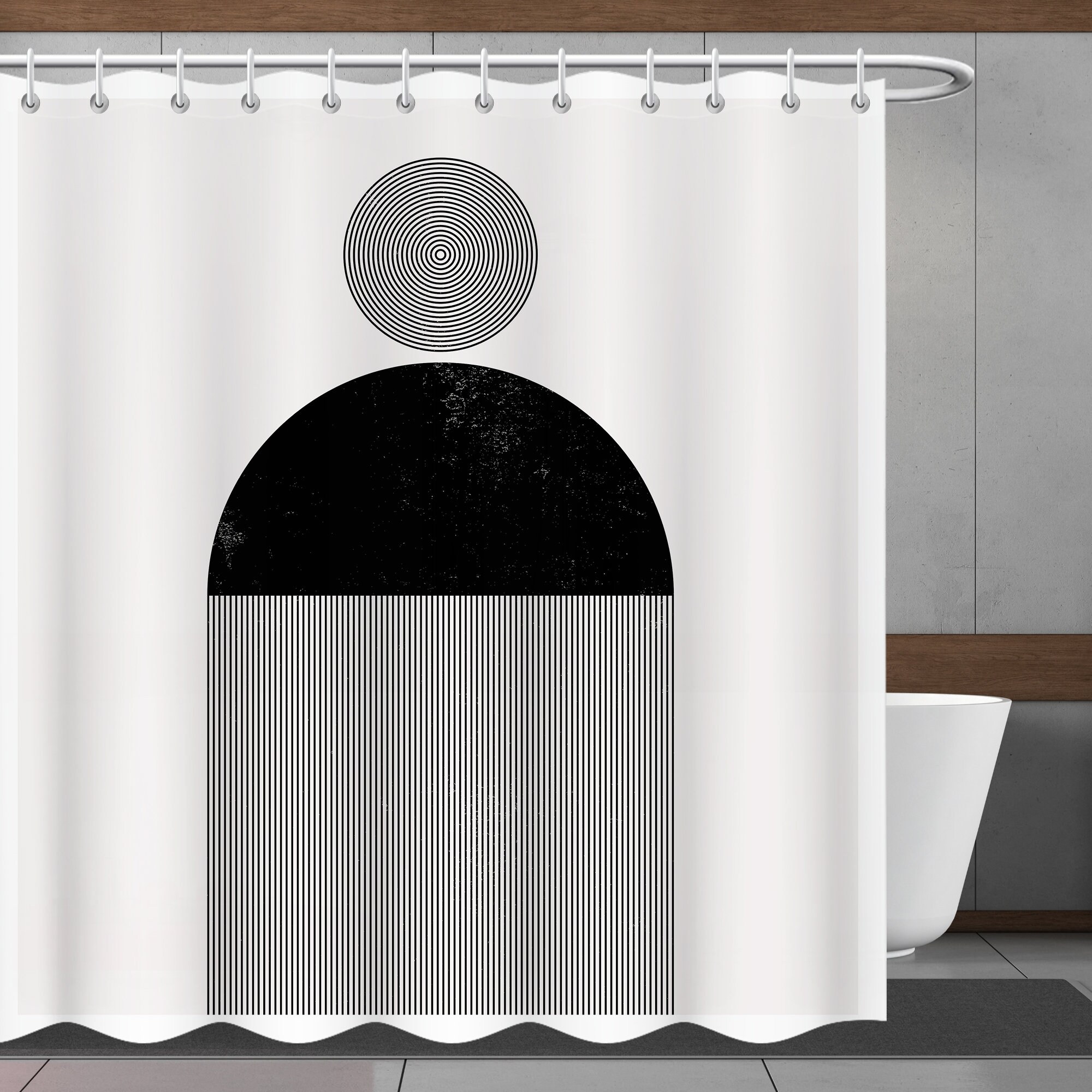 Minimalistic Geometric Shower Curtain - Black and Gray Bathroom Decor with Modern Pattern Design