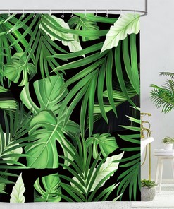 Minimalistic Green Palm Leaf Shower Curtain for Tropical Bathroom Decor