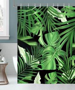 Minimalistic Green Palm Leaf Shower Curtain for Tropical Bathroom Decor