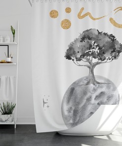 Minimalistic Moon and Tree Shower Curtain - Grey Bathroom Decor Gift