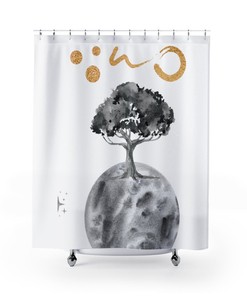 Minimalistic Moon and Tree Shower Curtain - Grey Bathroom Decor Gift