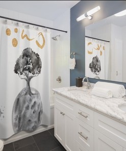 Minimalistic Moon and Tree Shower Curtain - Grey Bathroom Decor Gift