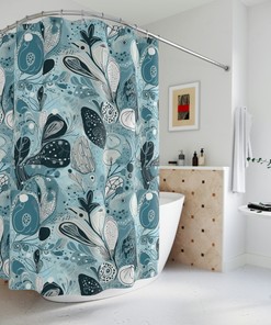 Modern Abstract Floral Shower Curtain, Blue Botanical Design