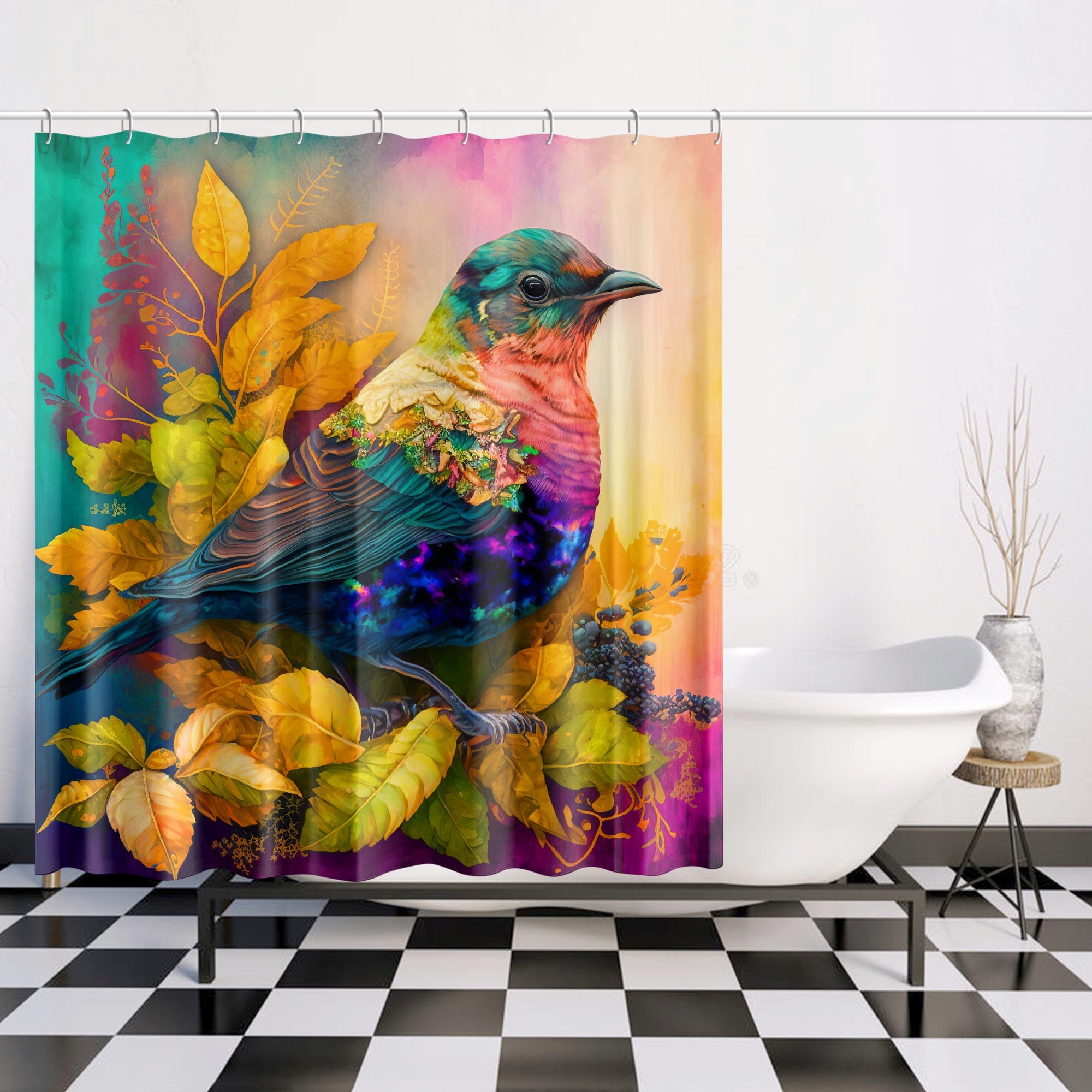 Modern Art Bird Shower Curtain for Boho Bathroom Decor