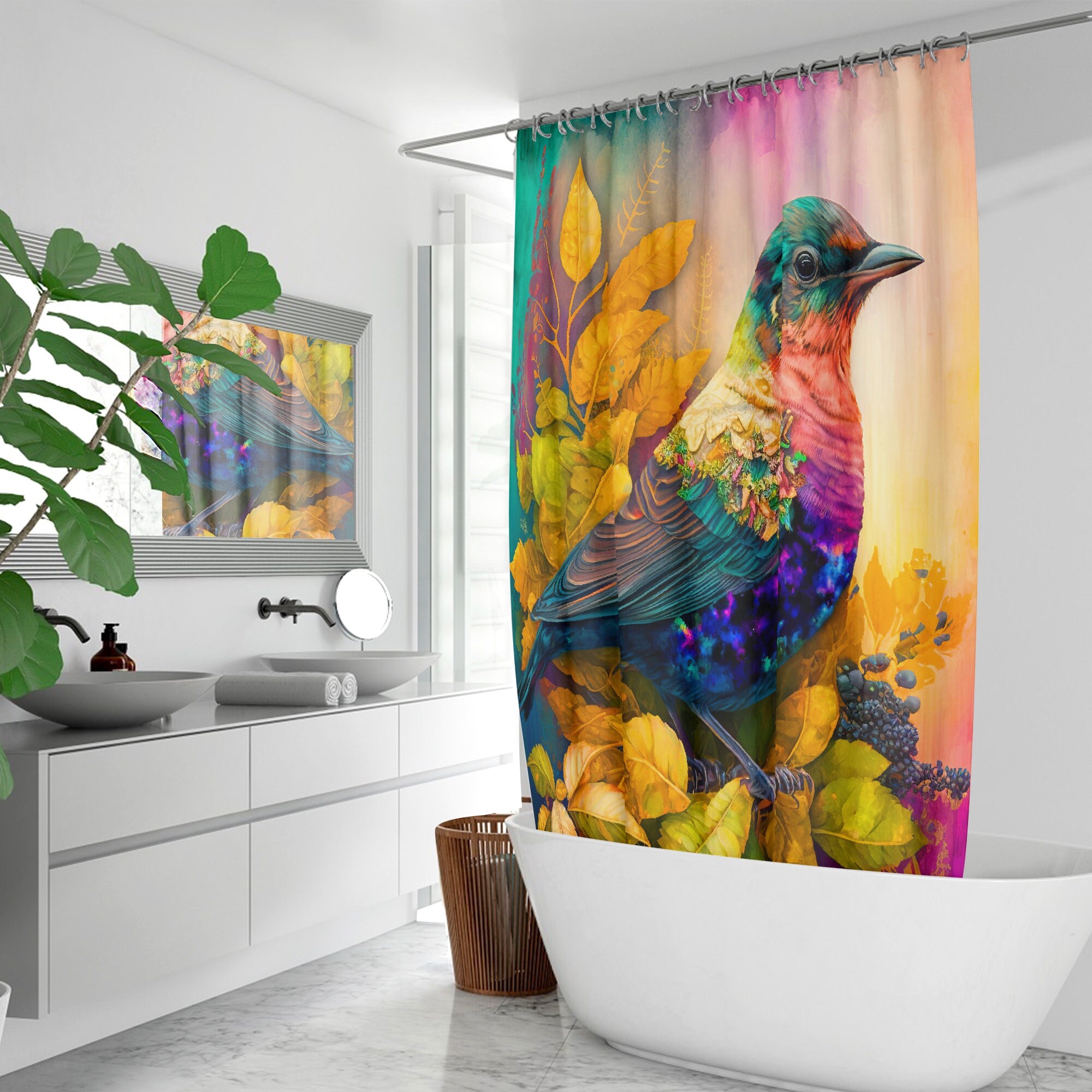 Modern Art Bird Shower Curtain for Boho Bathroom Decor