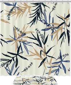Modern Bamboo Leaves Shower Curtain, Blue and Beige Design
