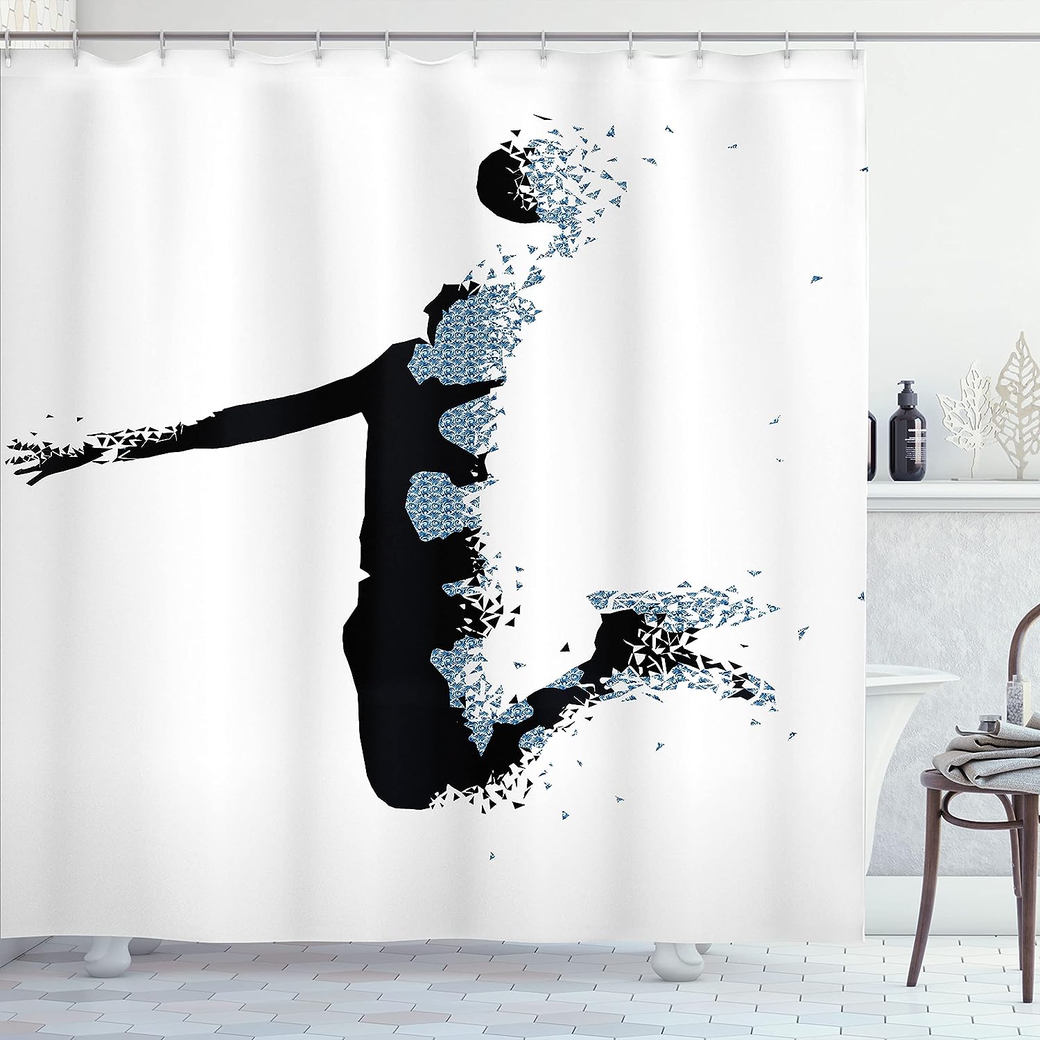 Modern Basketball Shower Curtain, Fractal Pattern Design, Teen Room Decor