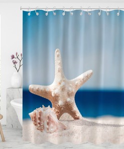 Modern Beach Life Shower Curtain with Starfish and Conch Design