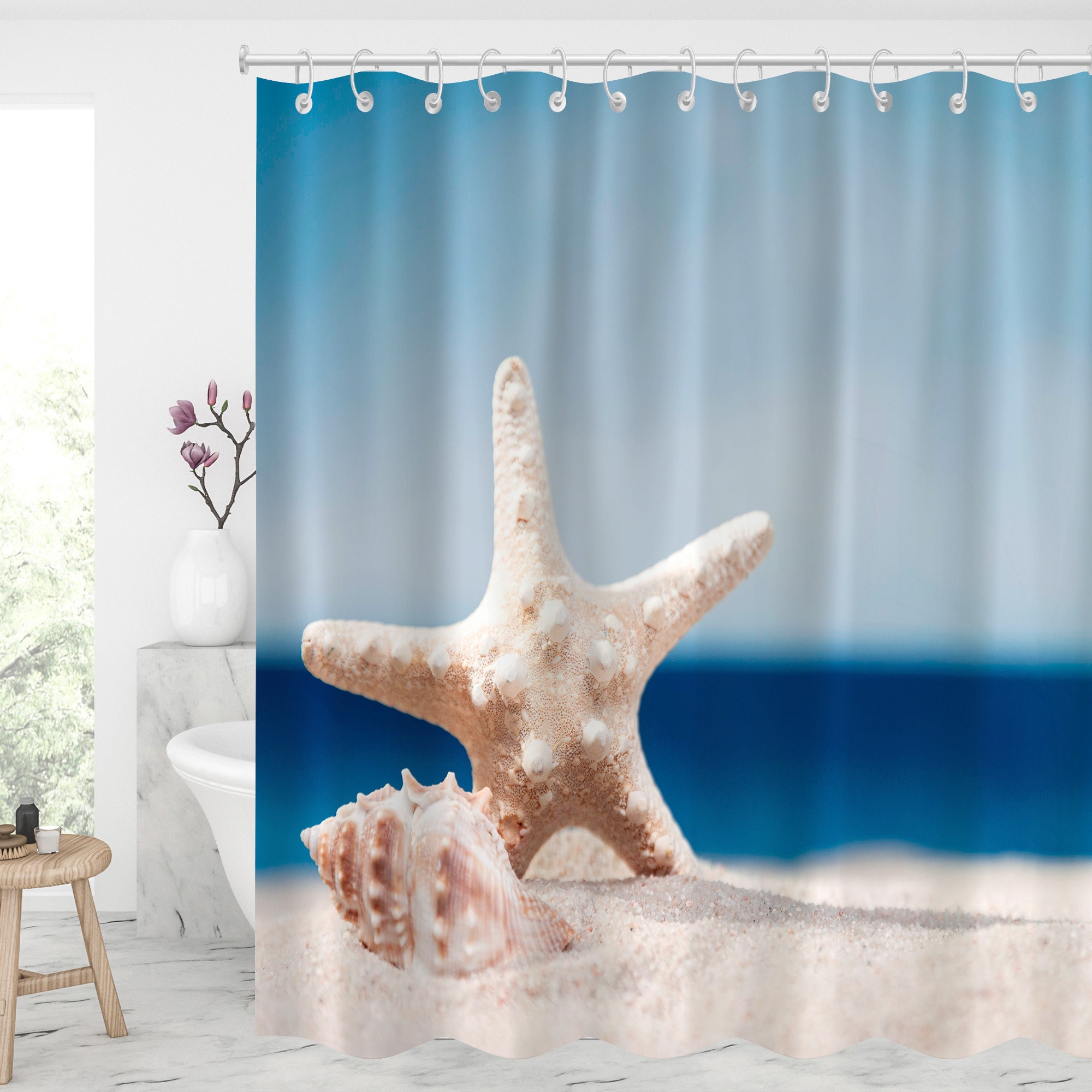 Modern Beach Life Shower Curtain with Starfish and Conch Design