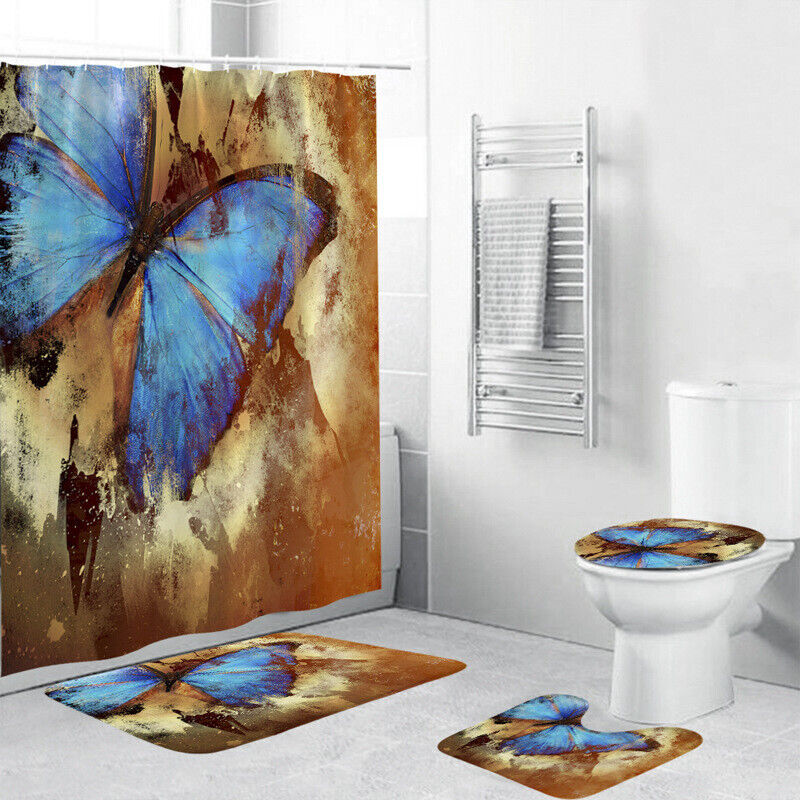 Modern Blue Butterfly Shower Curtain, Waterproof Fabric