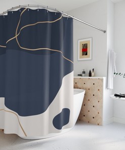 Modern Blue and Gold Shower Curtain with Abstract Pattern for Boho Bathroom Decor