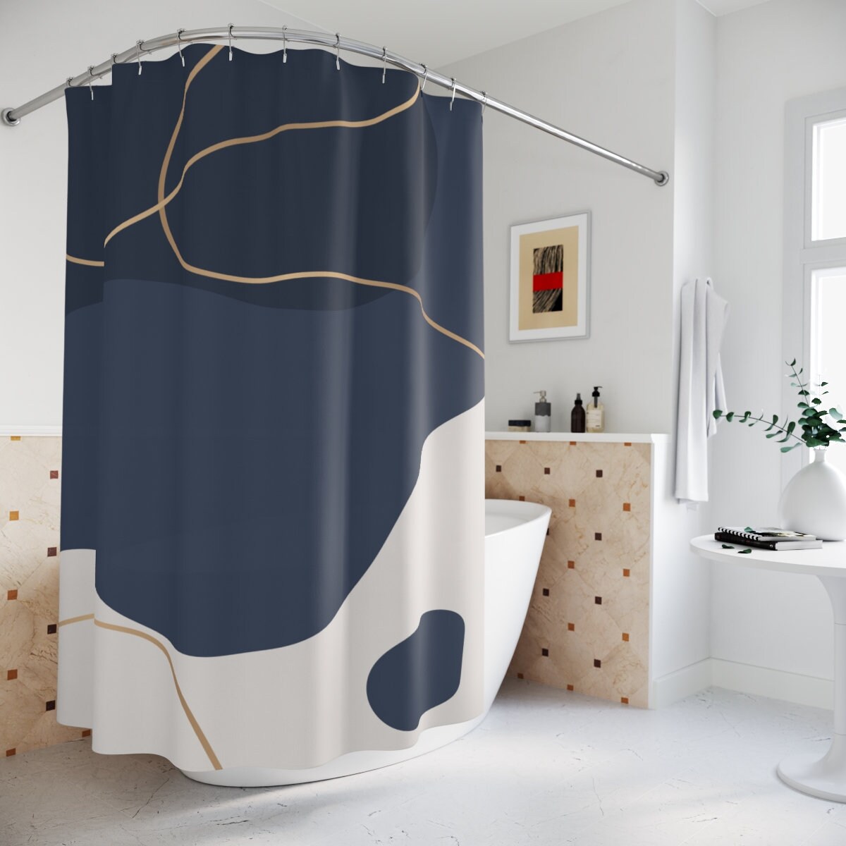 Modern Blue and Gold Shower Curtain with Abstract Pattern for Boho Bathroom Decor