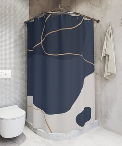 Modern Blue and Gold Shower Curtain with Abstract Pattern for Boho Bathroom Decor