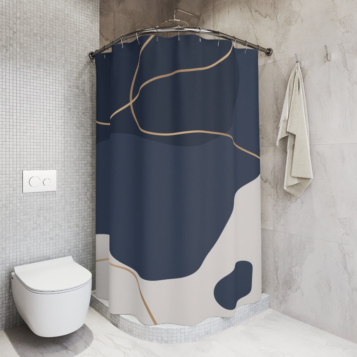 Modern Blue and Gold Shower Curtain with Abstract Pattern for Boho Bathroom Decor