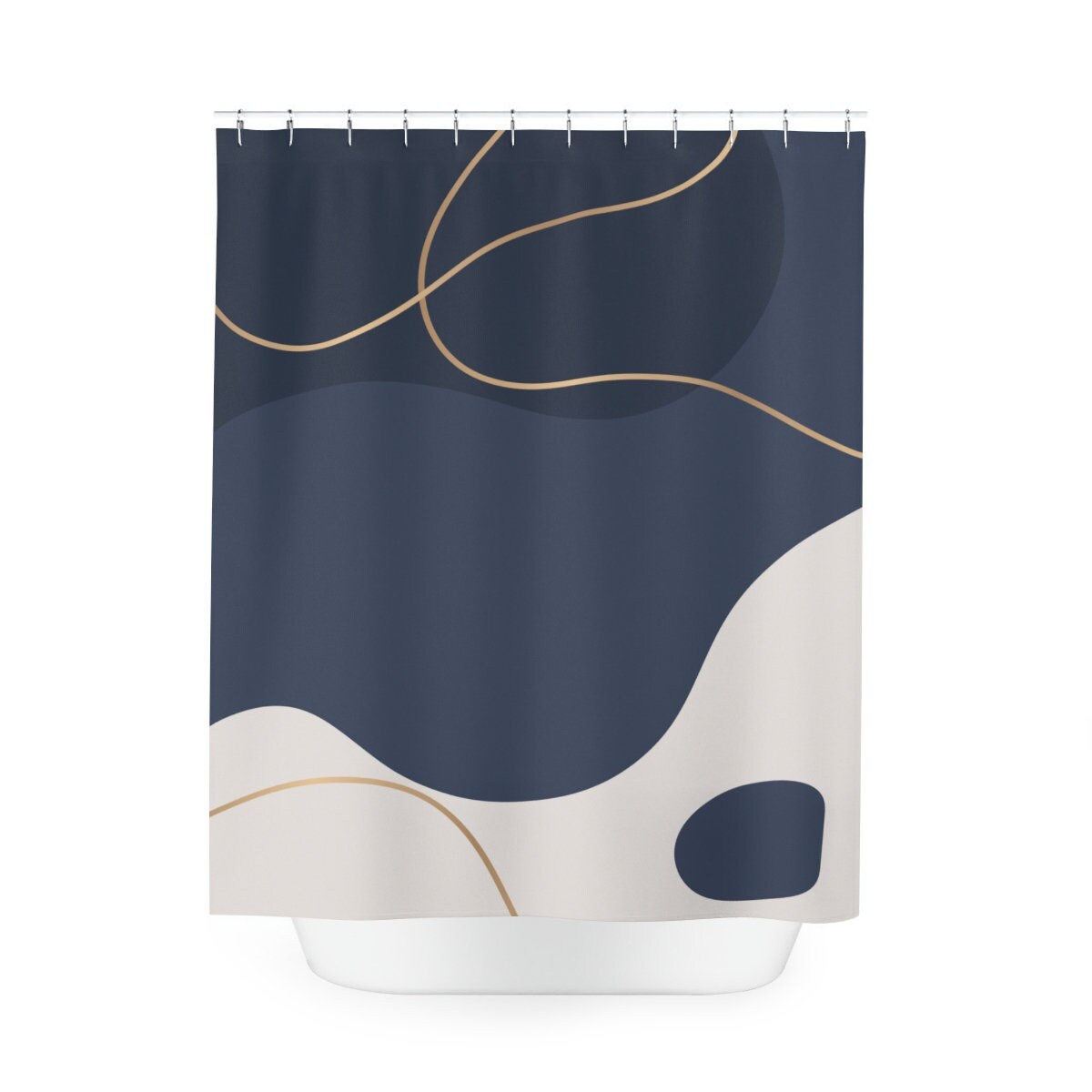 Modern Blue and Gold Shower Curtain with Abstract Pattern for Boho Bathroom Decor