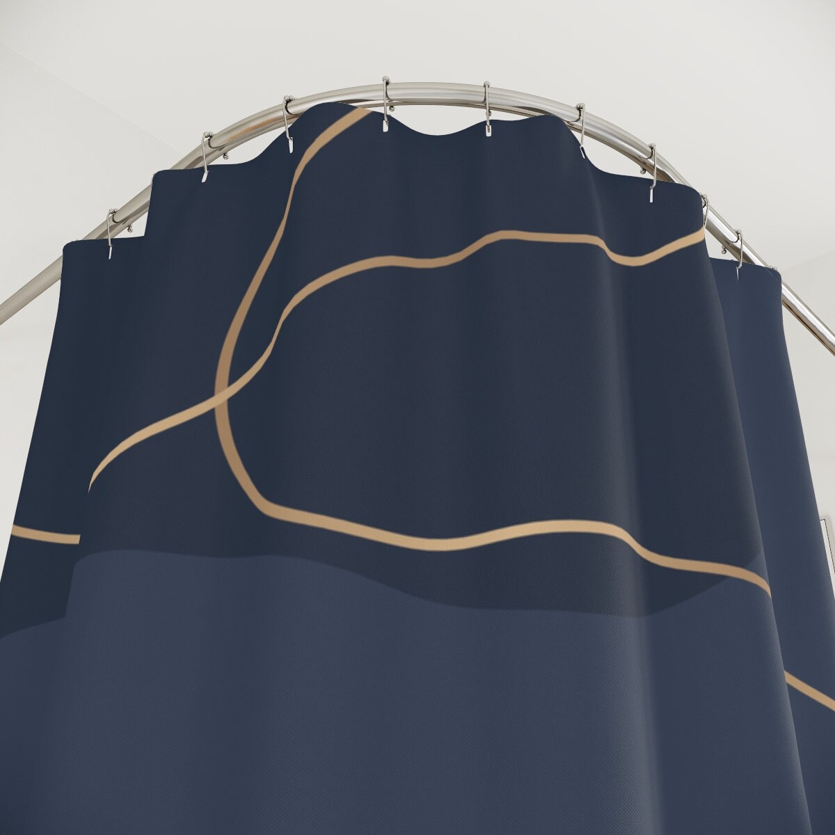 Modern Blue and Gold Shower Curtain with Abstract Pattern for Boho Bathroom Decor
