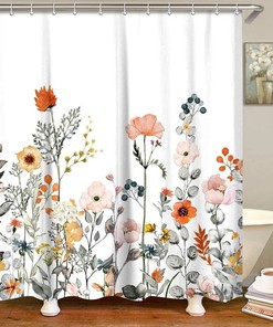 Modern Botanical Flowers and Leaves Shower Curtain for Waterproof Bathroom Decor